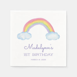 Niedlicher Regenbogen und Wolken mit Lila Geburtst Serviette