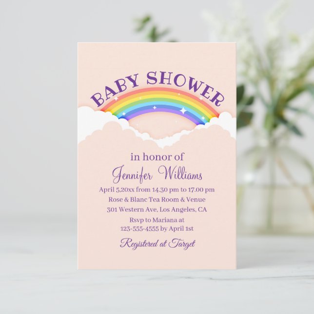 niedlicher Regenbogen und Wolken, rosa Babydusche Einladung (Stehend Vorderseite)