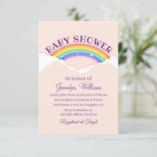 niedlicher Regenbogen und Wolken, rosa Babydusche Einladung