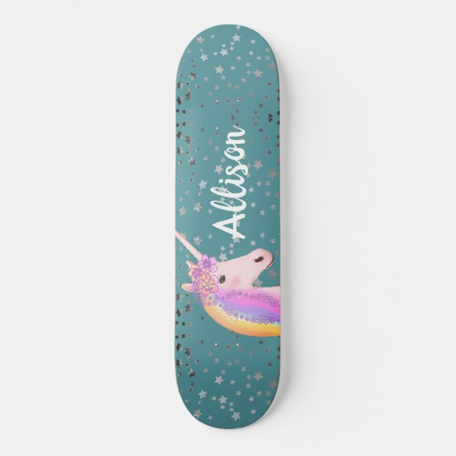 Niedlicher Regenbogen Unicorn Aquamarin Stars Girl Skateboard (Vorderseite)