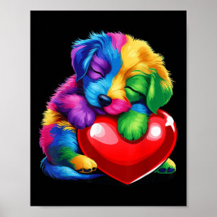 Niedlicher Regenbogen Welpe umarmt Valentine Herzk Poster