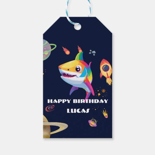 Niedlicher Regenbogenhai Galaxy Rocket Geburtstags Geschenkanhänger (Vorderseite)