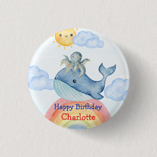 Niedlicher Regenbogentopf Whale Fische Geburtstags Button