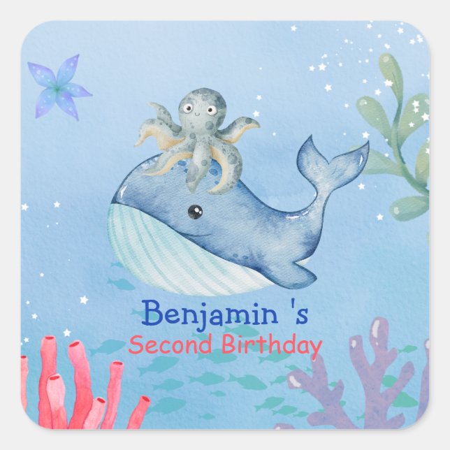 Niedlicher Regenbogentopf Whale Fische Geburtstags Quadratischer Aufkleber (Vorderseite)