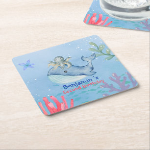 Niedlicher Regenbogentopf Whale Fische Geburtstags Rechteckiger Pappuntersetzer