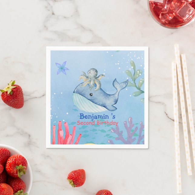 Niedlicher Regenbogentopf Whale Fische Geburtstags Serviette (Beispiel)