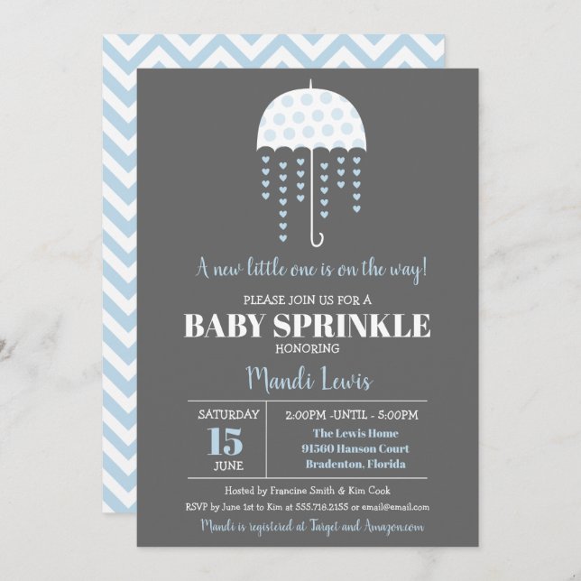 Niedlicher Regenschirm Blue Baby Sprinkle oder Bab Einladung (Vorne/Hinten)