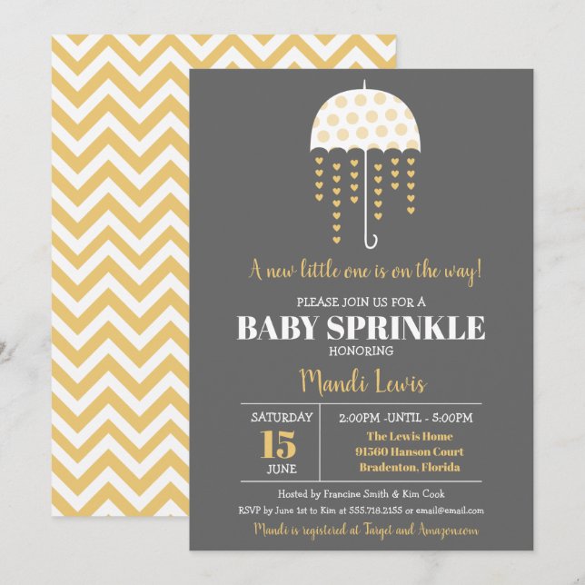 Niedlicher Regenschirm Gelbe Babysprinkle oder Bab Einladung (Vorne/Hinten)