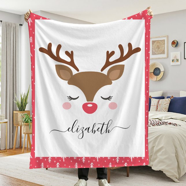 Niedlicher Reindei Weihnachtsname Personalisiert Fleecedecke (Von Creator hochgeladen)