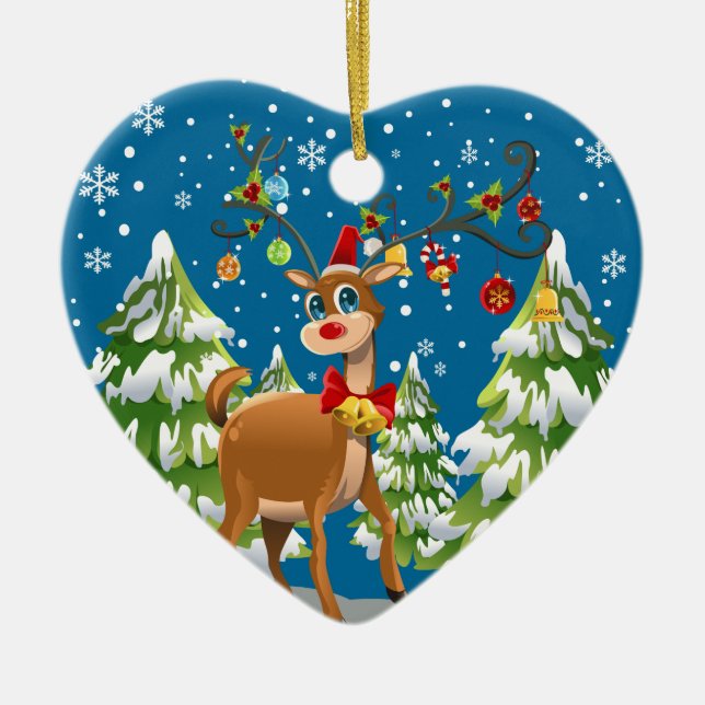 Niedlicher Rentier im Schnee Keramik Ornament (Vorne)