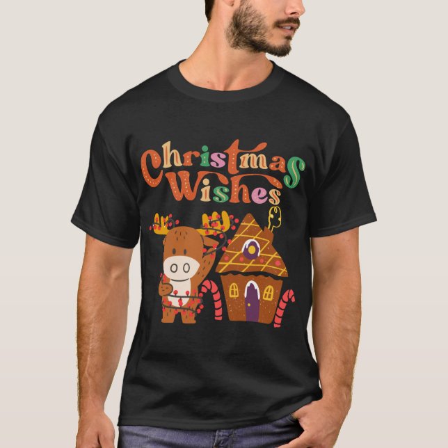 Niedlicher Rentier mit Weihnachtslicht glückliche  T-Shirt (Vorderseite)