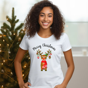 Niedlicher Rentier mit Weihnachtsschmuck mit Text T-Shirt