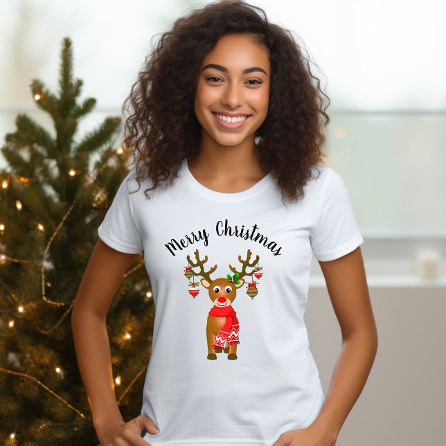 Niedlicher Rentier mit Weihnachtsschmuck mit Text T-Shirt (Von Creator hochgeladen)