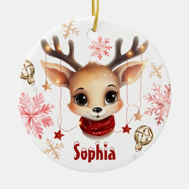 Niedlicher Rentier Personalisierter Baum Keramik Ornament (Vorne)