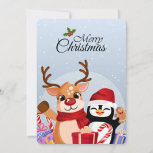 Niedlicher Rentier & Pinguin mit Weihnachtsgeschen Feiertagskarte