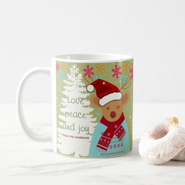 Niedlicher Rentier Weihnachtsbaum Schnee Weißes Ro Kaffeetasse (Mit Donut)