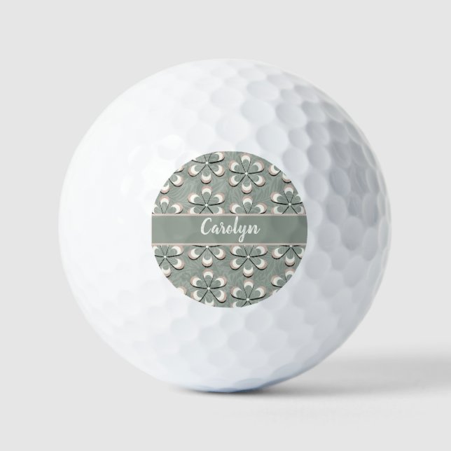 Niedlicher Retro 70er Blume Power Sage Green-White Golfball (Vorderseite)