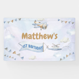 Niedlicher Retro Blue Airplane 1. Geburtstag Banner
