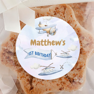 Niedlicher Retro Blue Airplane 1. Geburtstag Runder Aufkleber