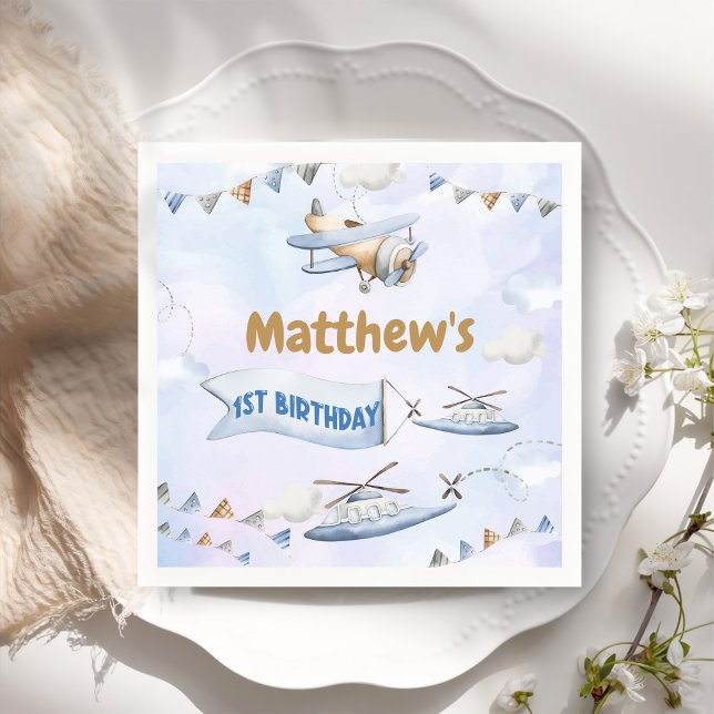 Niedlicher Retro Blue Airplane 1. Geburtstag Serviette (Von Creator hochgeladen)