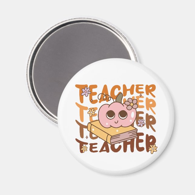 Niedlicher Retro Fall Teacher Pumpkin Halloween Magnet (Vorderseite/Rückseite)