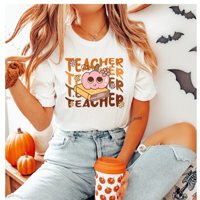 Niedlicher Retro Fall Teacher Pumpkin Halloween T-Shirt (Von Creator hochgeladen)