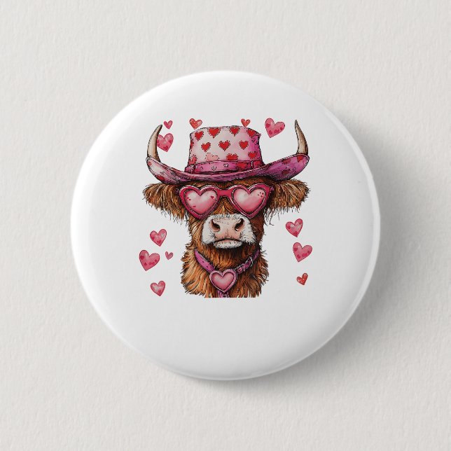 Niedlicher Retro Highland Cowboy Hat Herz Valentin Button (Vorderseite)
