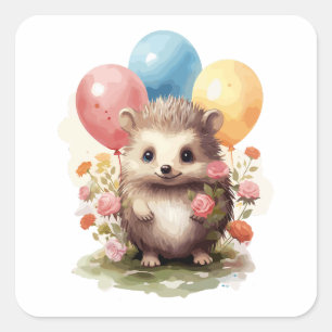 Niedlicher Retro-Igel mit Balloons Quadratischer Aufkleber