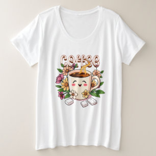 Niedlicher Retro Kawaii Kaffee und Blume Große Größe T-Shirt