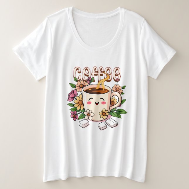 Niedlicher Retro Kawaii Kaffee und Blume Große Größe T-Shirt (Design vorne)