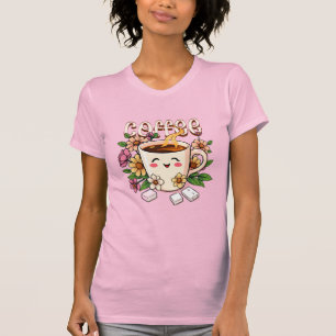 Niedlicher Retro Kawaii Kaffee und Blume T-Shirt