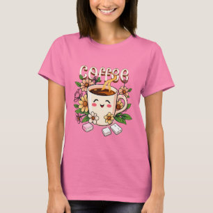 Niedlicher Retro Kawaii Kaffee und Blume T-Shirt