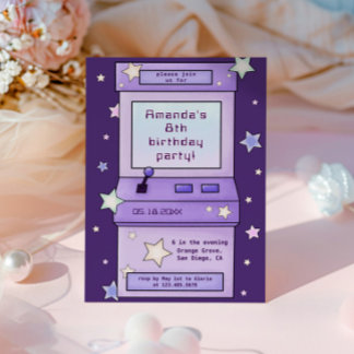 Niedlicher Retro Lila Arcade Game Kindergeburtstag Einladung