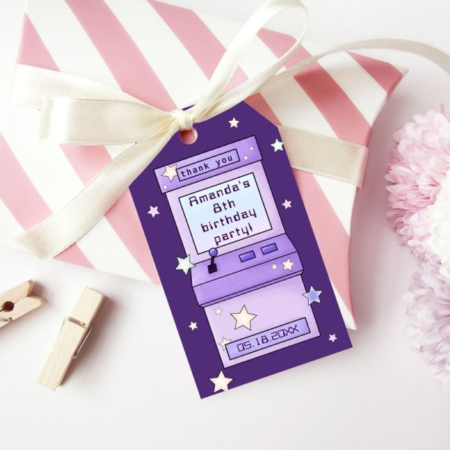 Niedlicher Retro Lila Arcade Game Kindergeburtstag Geschenkanhänger (Von Creator hochgeladen)