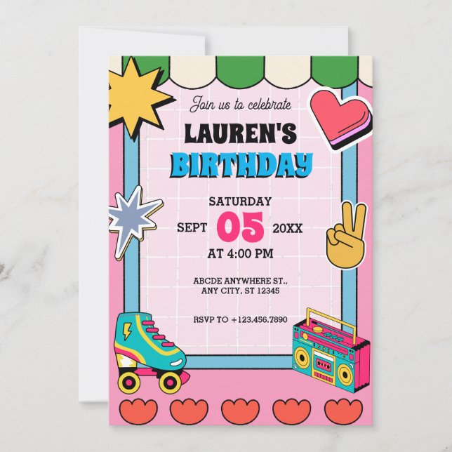 Niedlicher Retro-Pop-Geburtstag Einladung (Vorderseite)