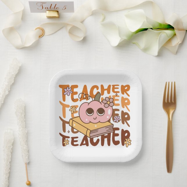 Niedlicher Retro Pumpkin-Lehrer Halloween Fall Pappteller (Hochzeit)