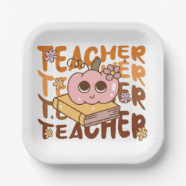 Niedlicher Retro Pumpkin-Lehrer Halloween Fall Pappteller