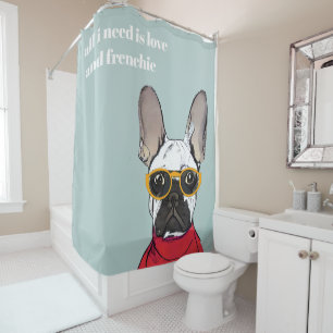 Niedlicher Retro Red French Bulldog mit Neon-Brill Duschvorhang