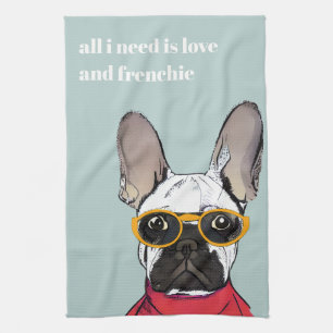 Niedlicher Retro Red French Bulldog mit Neon-Brill Geschirrtuch