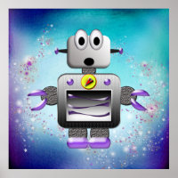 Niedlicher Retro-Roboter Lila & Blue Poster
