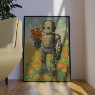 Niedlicher Retro-Roboter mit Blume Wall Art Poster