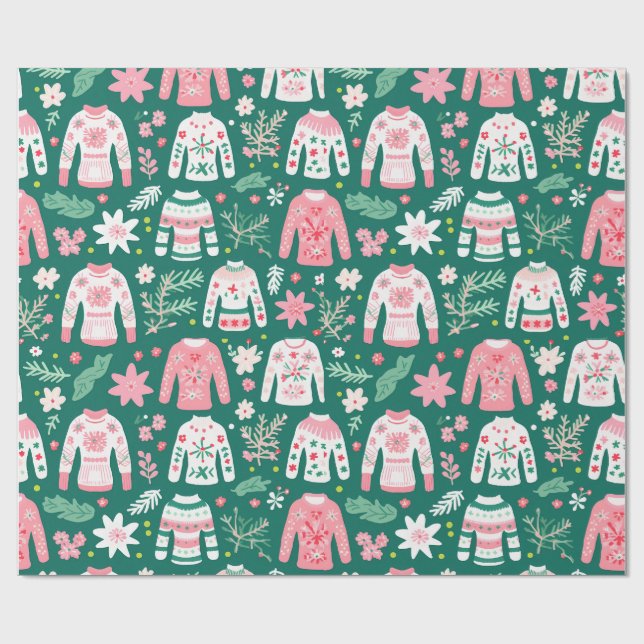 Niedlicher Retro-Ugly Sweater Pink und Grüner Spaß Geschenkpapier (Flach)