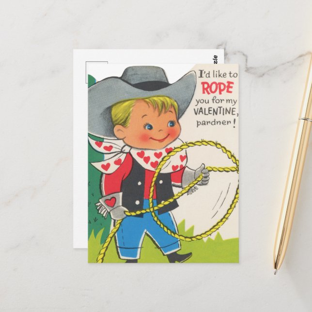 Niedlicher Retro-Vintag Valentine Cowboy Postkarte (Vorderseite/Rückseite Beispiel)