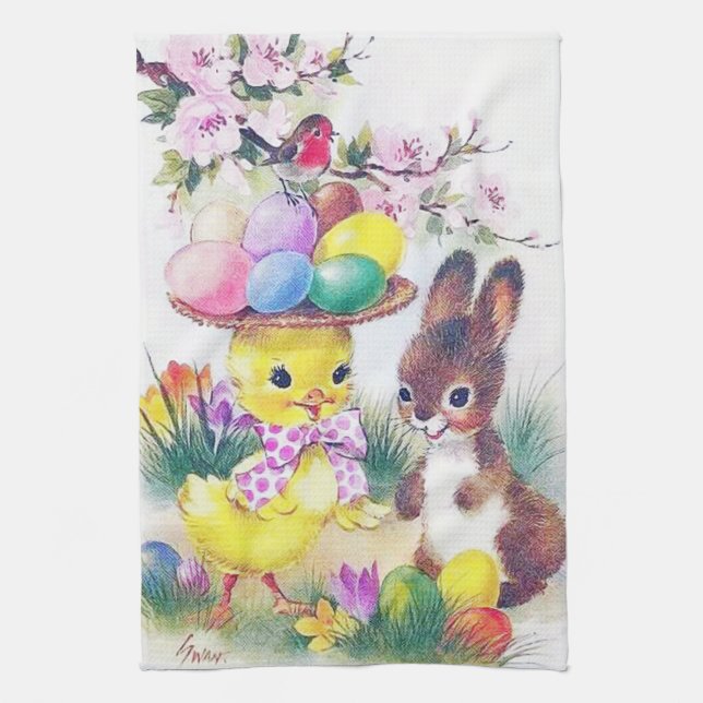 Niedlicher retro Vintager Osterhasen-Küken Geschirrtuch (Vertikal)