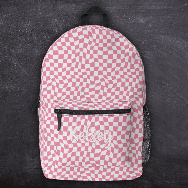 Niedlicher Retro-Wavy-Karo Rosa Monogramm-Name Bedruckter Rucksack (Von Creator hochgeladen)