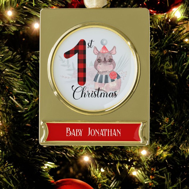 Niedlicher Rhino Baby Junge 1. Weihnachtsfest Kari Banner-Ornament Gold (Von Creator hochgeladen)