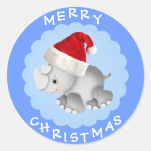 Niedlicher Rhino Weihnachtsmannmütze-in den blaue Runder Aufkleber