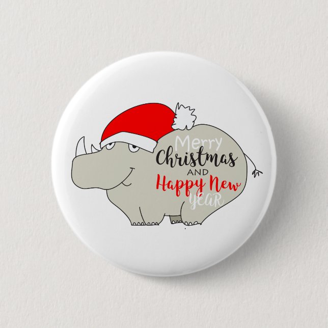 Niedlicher Rhinoceros Cartoon Funny Frohe Weihnach Button (Vorderseite)