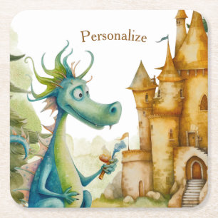 Niedlicher Ritterdragon Burg Geburtstagsparty Kind Rechteckiger Pappuntersetzer
