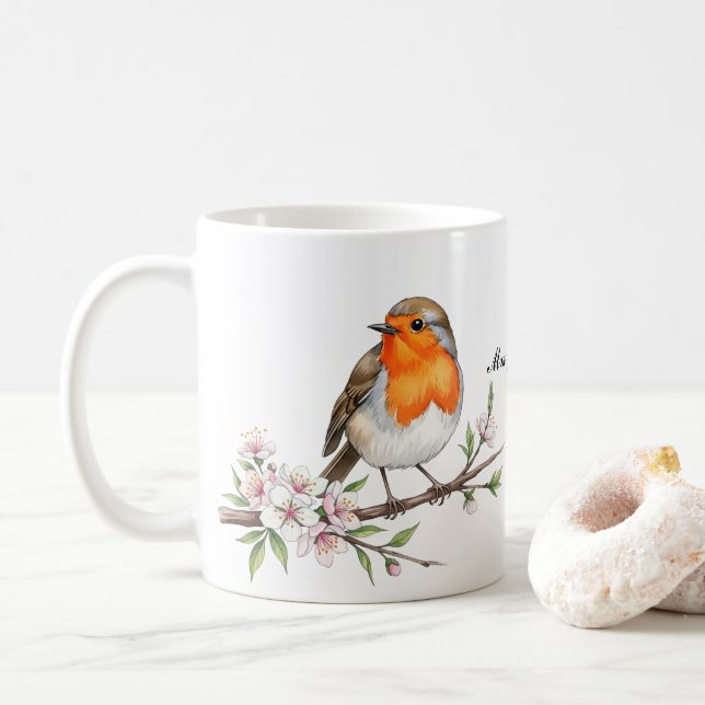 Niedlicher Robin Bird auf dem Personalisierten Nam Kaffeetasse (Mit Donut)